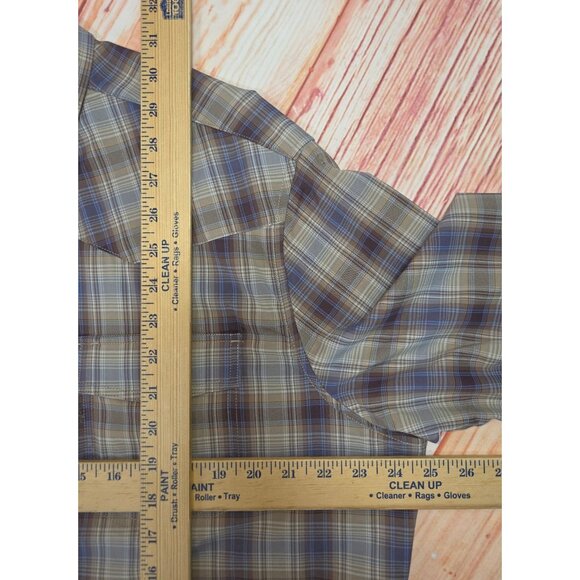 Poncho Mens Western Plaid Pearl Snap Shirt XL Slim Fit Brown/Blue Long Sleeve - Picture 7 of 7